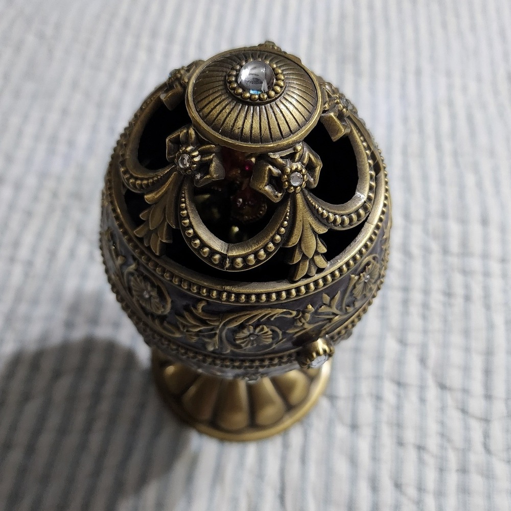 Vintage Style Musical Egg Trinket Box Butterfly Figurine Rhinestone Bronze Tone